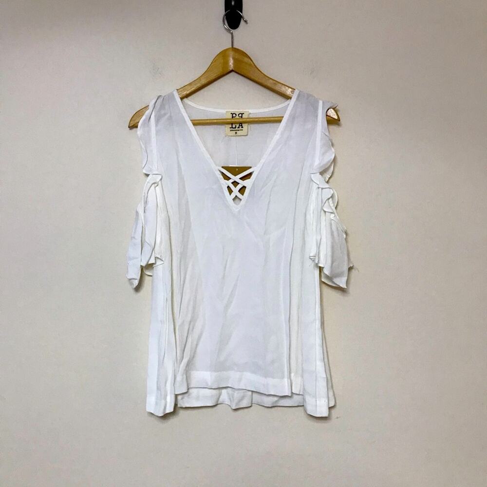 new PQ LA cream beige off-white cold shoulder flutter sleeve boho blouse top